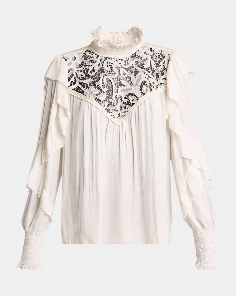 Seila Lace Ruffle Long-Sleeve Blouse